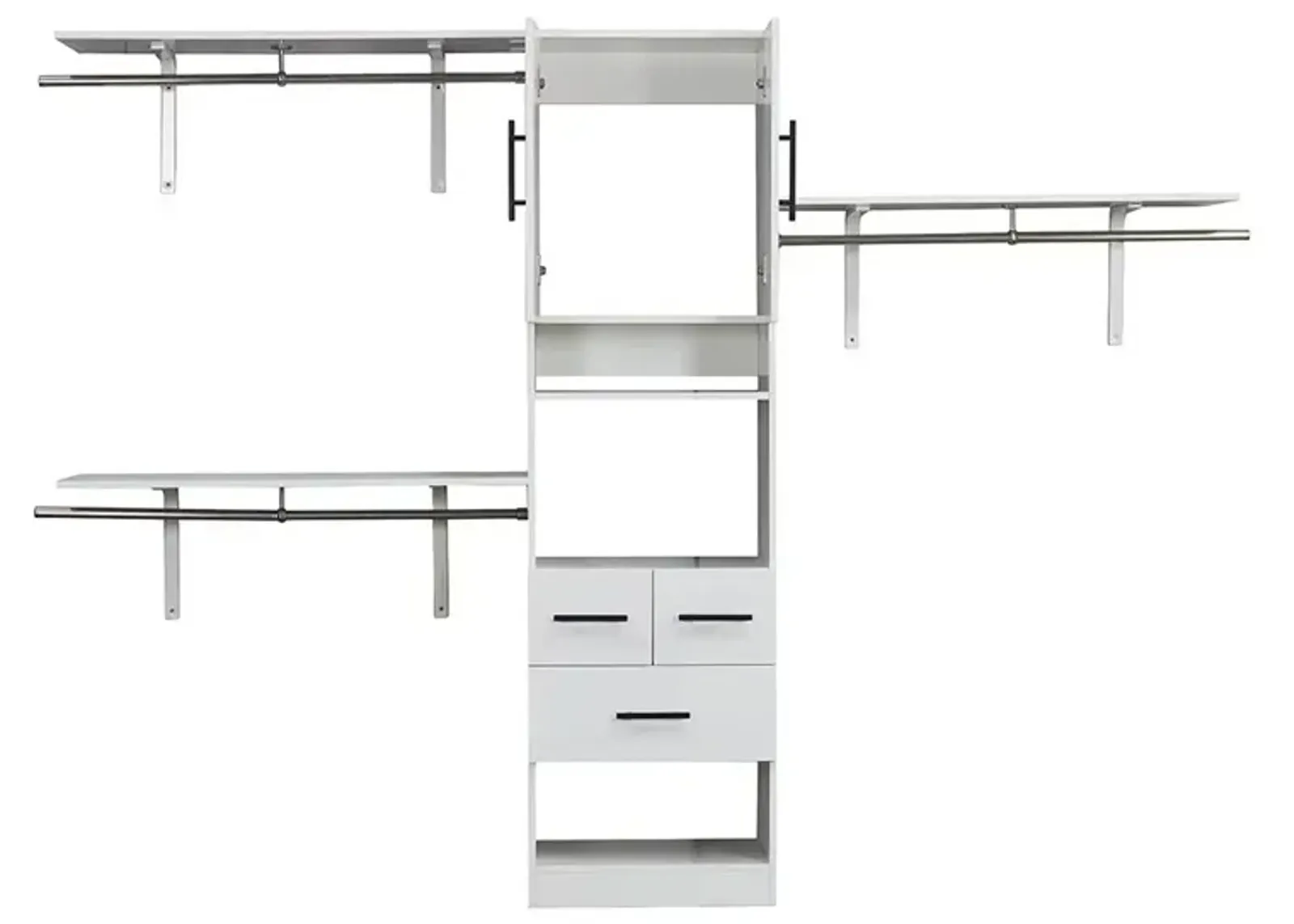 White 8ft Closet Organizer System Wood with 3 Shelves Towers 3 Drawers Hanging Rods Storage Cabinet and Garment Rack for Bedroom Built-in Closet 95.6"L x 15.7"W x 70.8"H