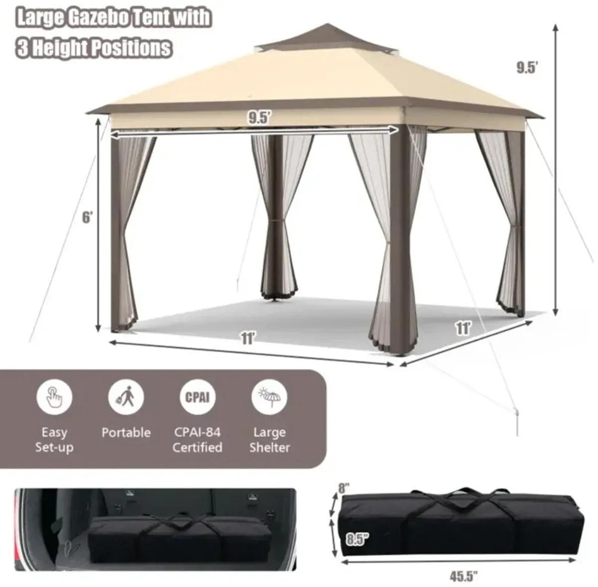 Hivvago 2-Tier Pop-Up Gazebo Tent Portable Canopy Shelter Carry Bag Mesh