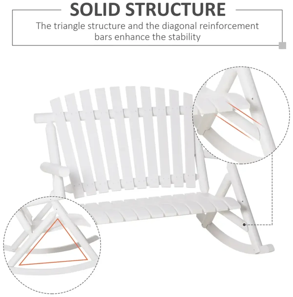 Outsunny Outdoor Wooden Rocking Chair, Double-person Rustic Adirondack Rocker with Slatted Seat, High Backrest, Armrests for Patio, Garden and Porch, White