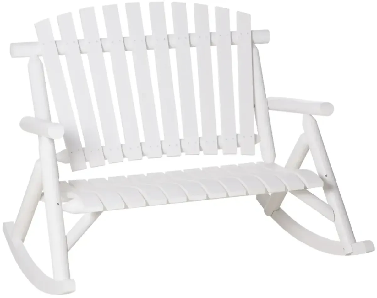 Outsunny Outdoor Wooden Rocking Chair, Double-person Rustic Adirondack Rocker with Slatted Seat, High Backrest, Armrests for Patio, Garden and Porch, White