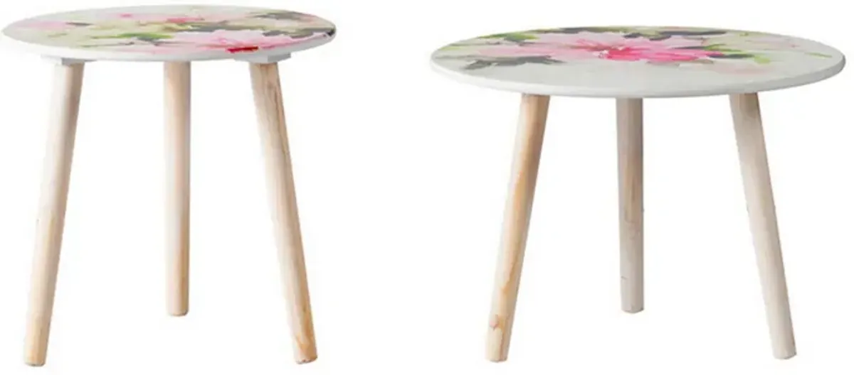 Byle 16, 20 Inch Side Table Set of 2, Floral Design, Pink and White - Benzara