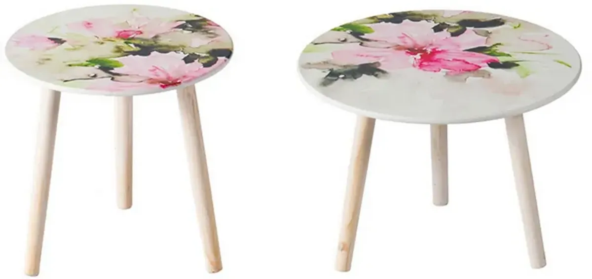 Byle 16, 20 Inch Side Table Set of 2, Floral Design, Pink and White - Benzara