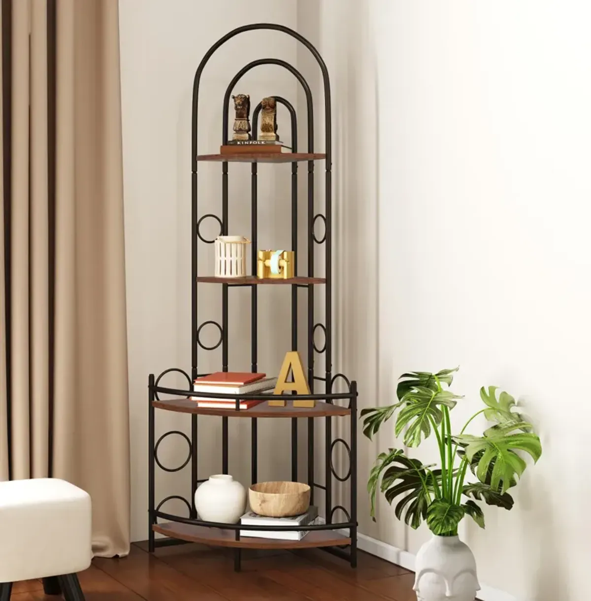 4-Tier Corner Bookshelf, Modern Style, Plant Stand With Metal Frame