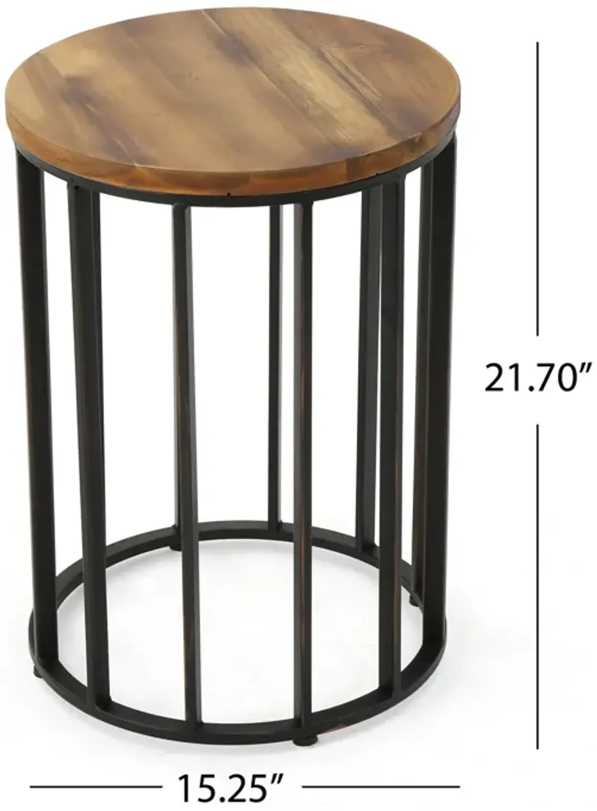 Outdoor Side End Table, 15 Inch Round Brown Wood Top, Black Iron Frame - Benzara