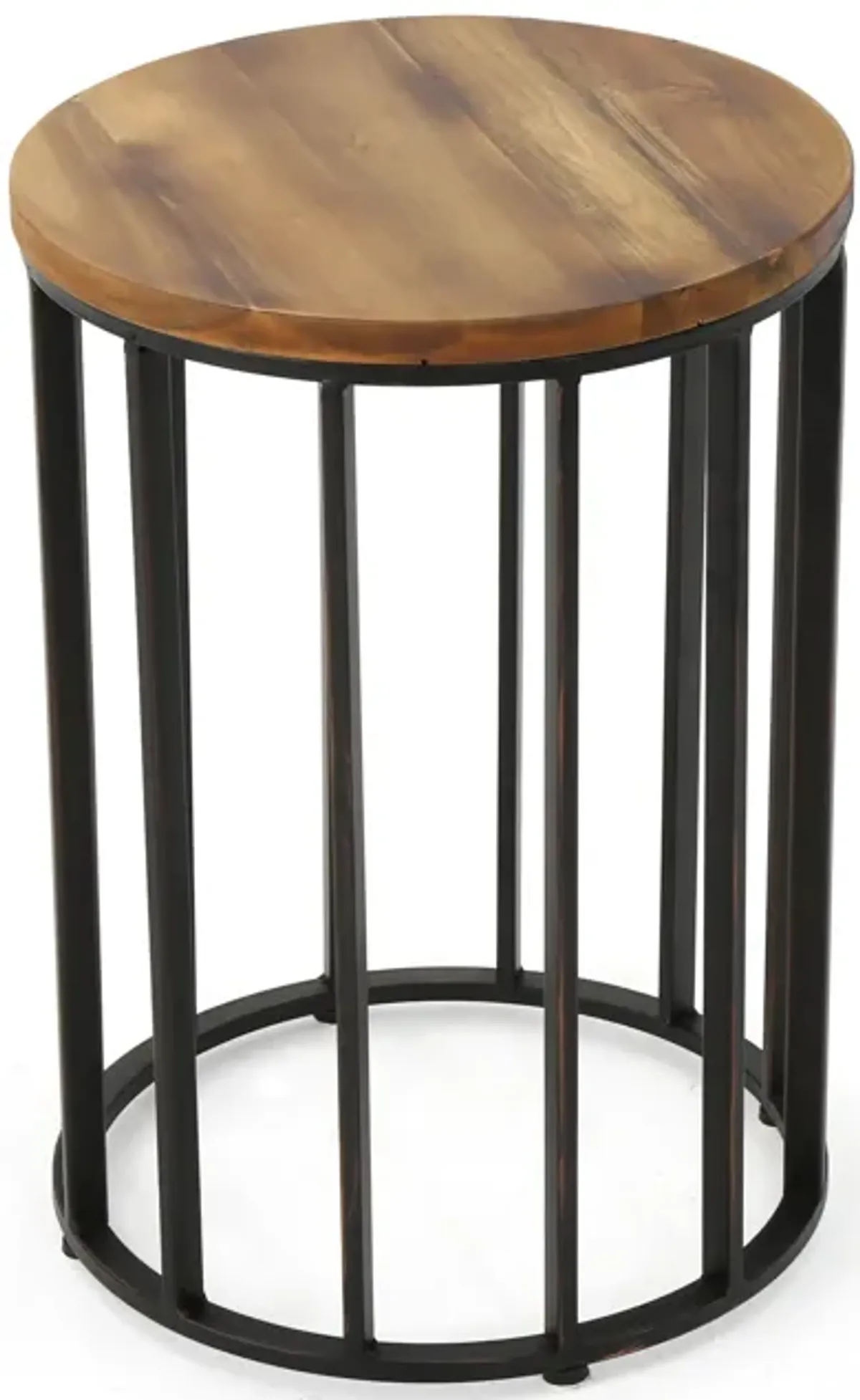 Outdoor Side End Table, 15 Inch Round Brown Wood Top, Black Iron Frame - Benzara