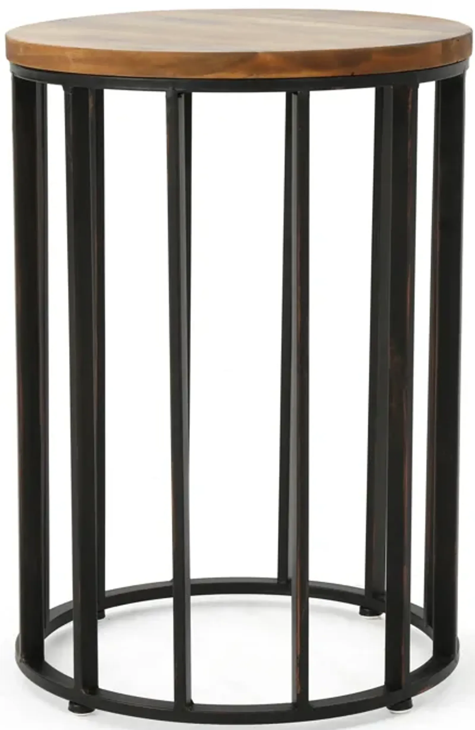 Outdoor Side End Table, 15 Inch Round Brown Wood Top, Black Iron Frame - Benzara