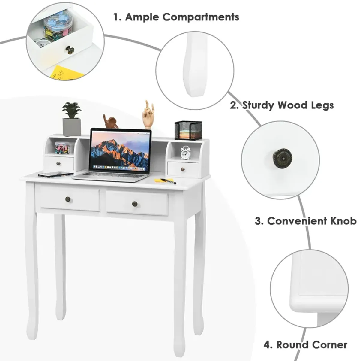 Costway Writing Desk Makeup Vanity Table Home Office Computer Desk 4 Drawer Black