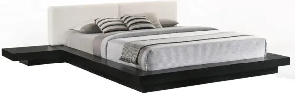 Nia Queen Size Bed, White Faux Leather, Black Low Profile Platform Bed - Benzara