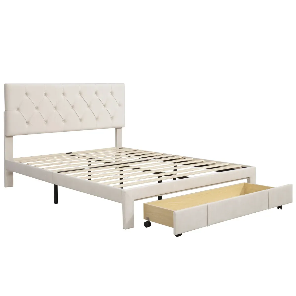 Queen Size Storage Bed Velvet Upholstered Platform Bed With A Big Drawer