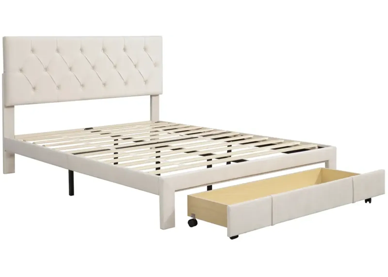 Queen Size Storage Bed Velvet Upholstered Platform Bed With A Big Drawer