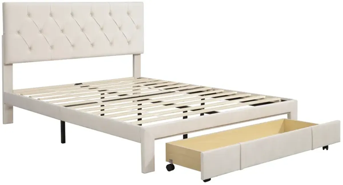 Queen Size Storage Bed Velvet Upholstered Platform Bed With A Big Drawer