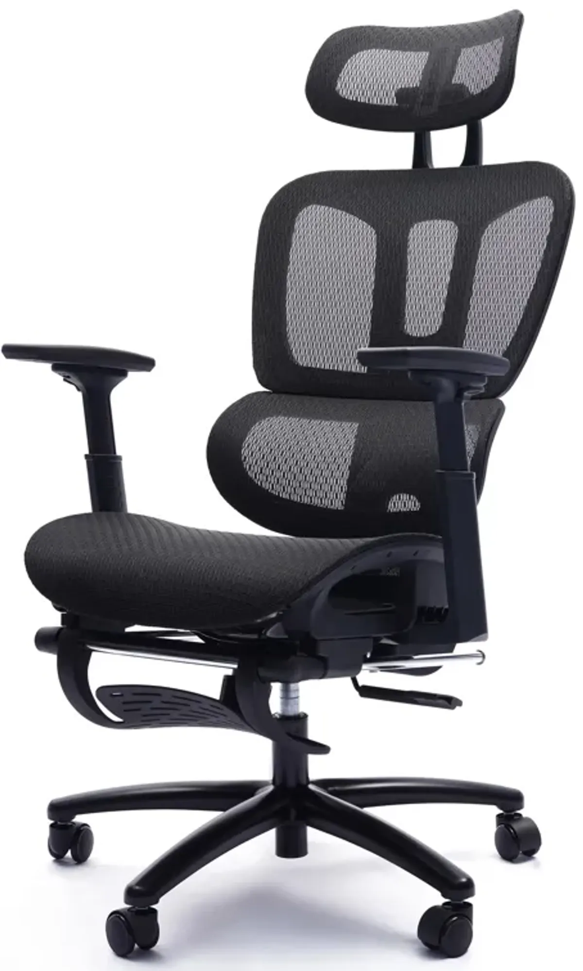 26 Inch Office Chair, Reclining, Footrest, Caster Wheels, Black Mesh - Benzara