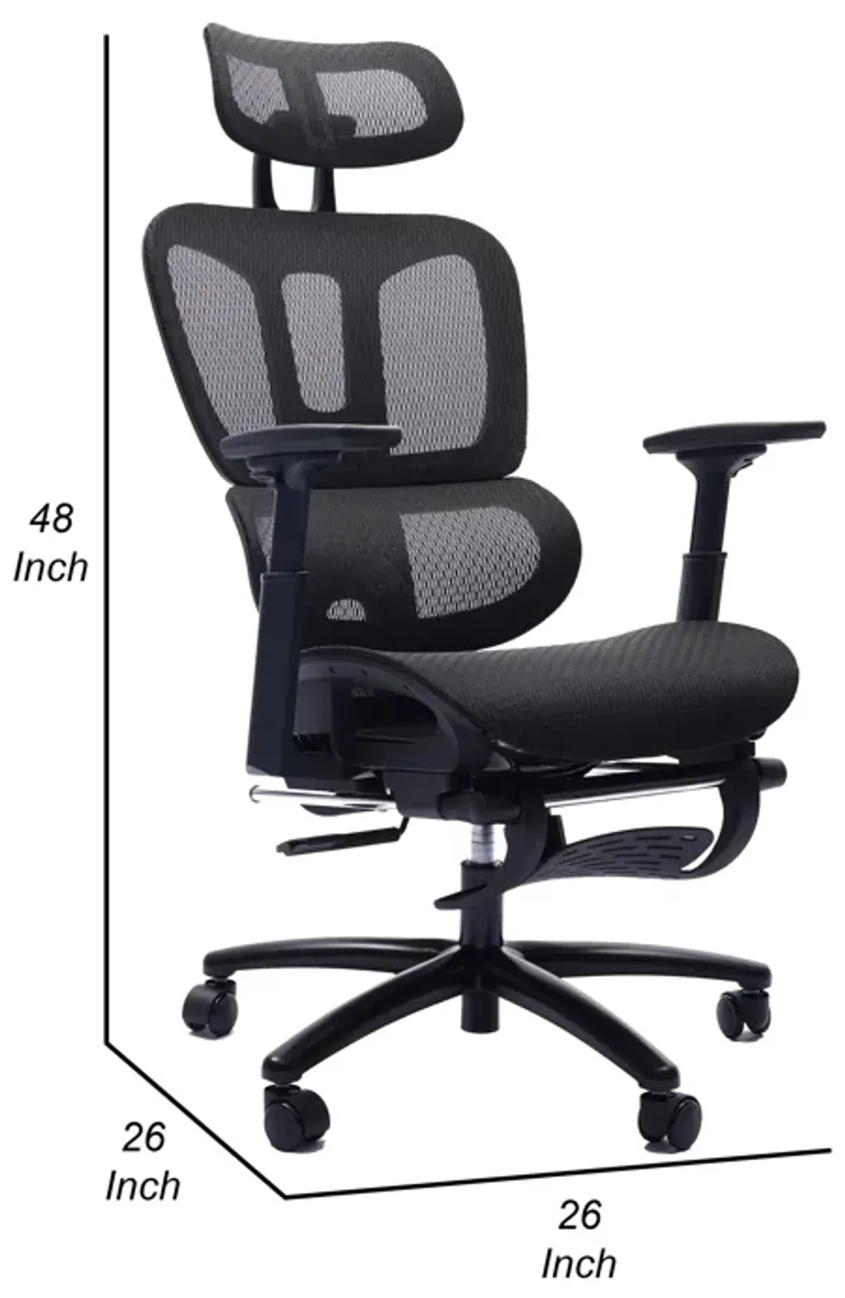 26 Inch Office Chair, Reclining, Footrest, Caster Wheels, Black Mesh - Benzara