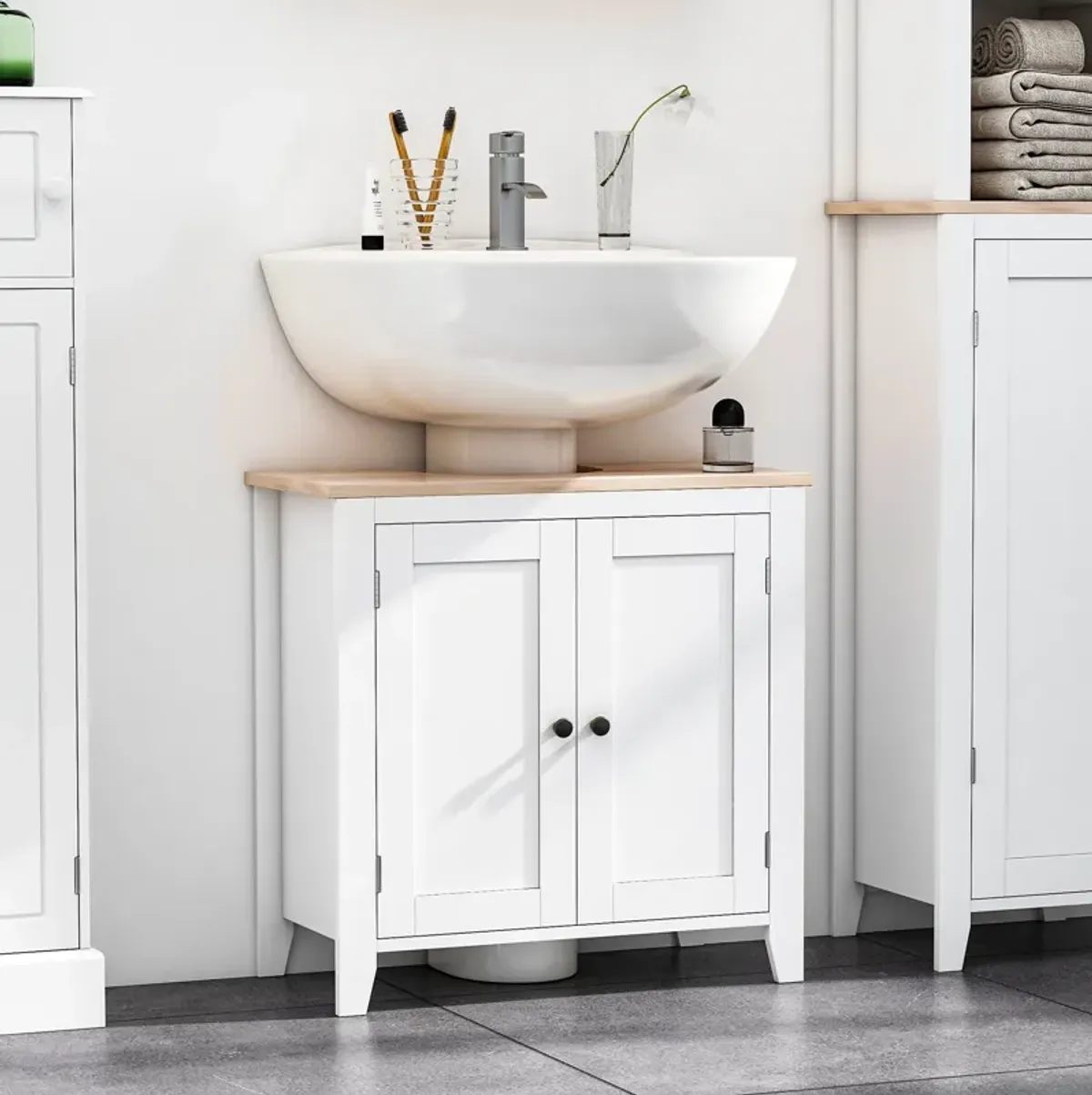 White/Wood Bathroom Storage: Pedestal Sink Cabinet with U-Shape