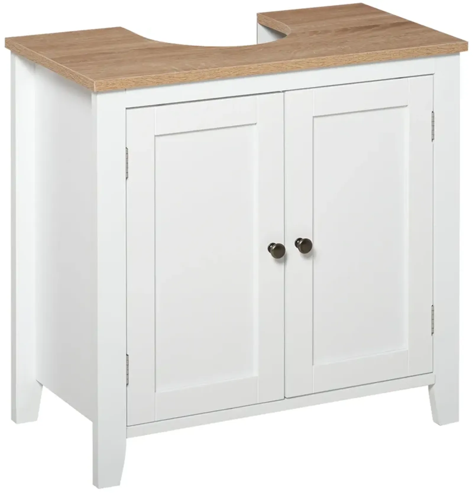 White/Wood Bathroom Storage: Pedestal Sink Cabinet with U-Shape