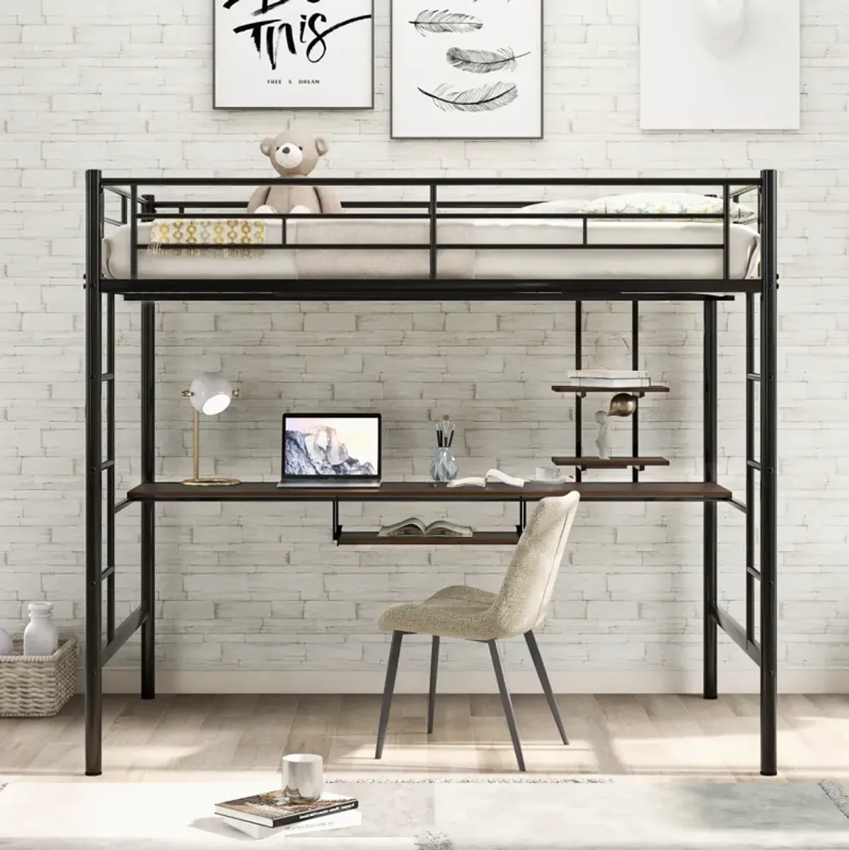 Loft Bed With Desk And Shelf, Space Saving Design, Full