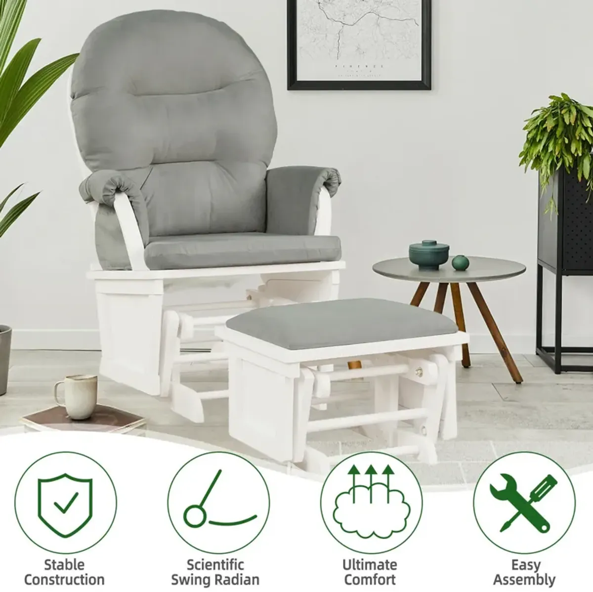 Wood Baby Glider and Ottoman Cushion Set with Padded Armrests for Nursing