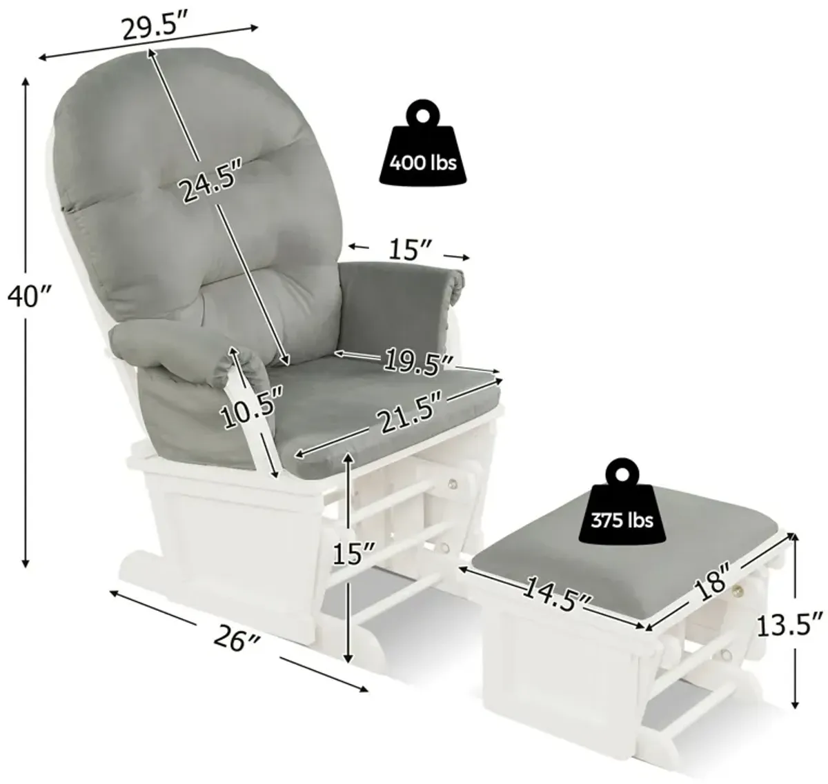 Wood Baby Glider and Ottoman Cushion Set with Padded Armrests for Nursing