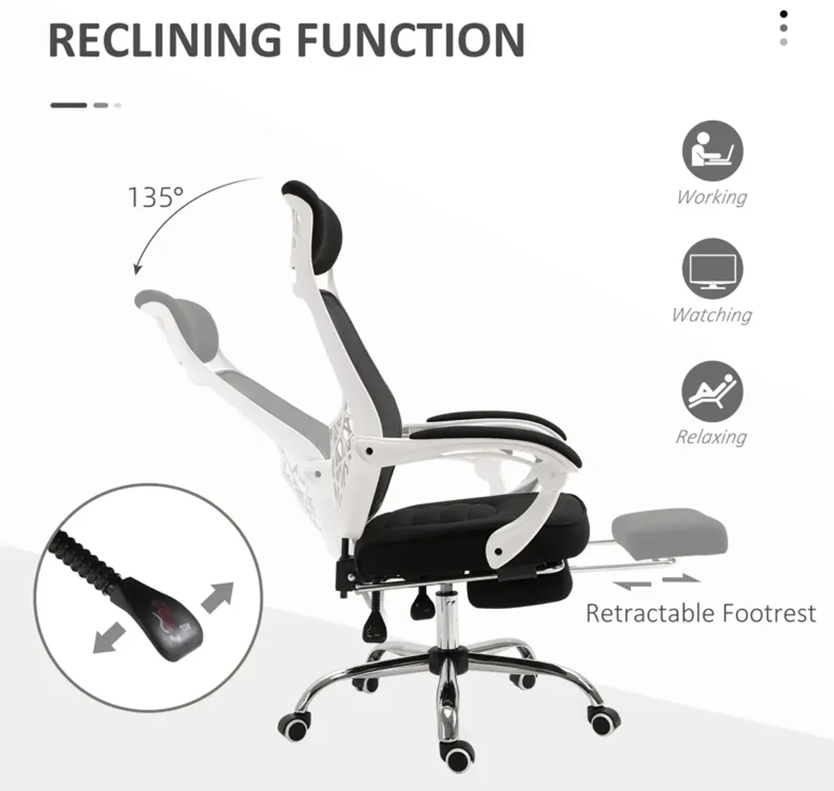 Black/White Executive Chair: High Back 360° Swivel Recliner with Footrest