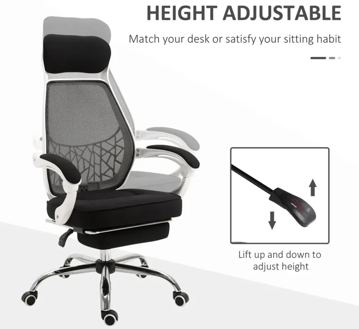 Black/White Executive Chair: High Back 360° Swivel Recliner with Footrest