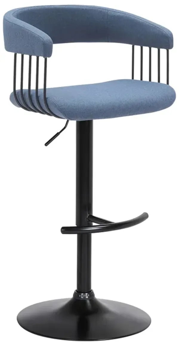 Arya Barstool Chair, 24-33 Inch Adjustable Height, Light Blue Fabric, Black - Benzara