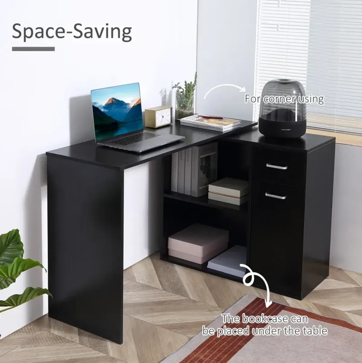 180 Rotating Corner Desk with Storage Shelves and Drawer, Black