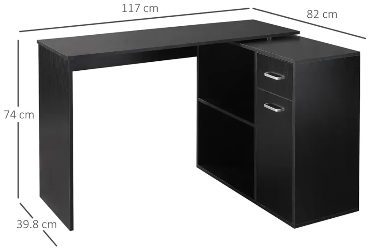 180 Rotating Corner Desk with Storage Shelves and Drawer, Black