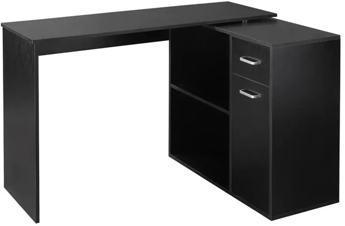 180 Rotating Corner Desk with Storage Shelves and Drawer, Black