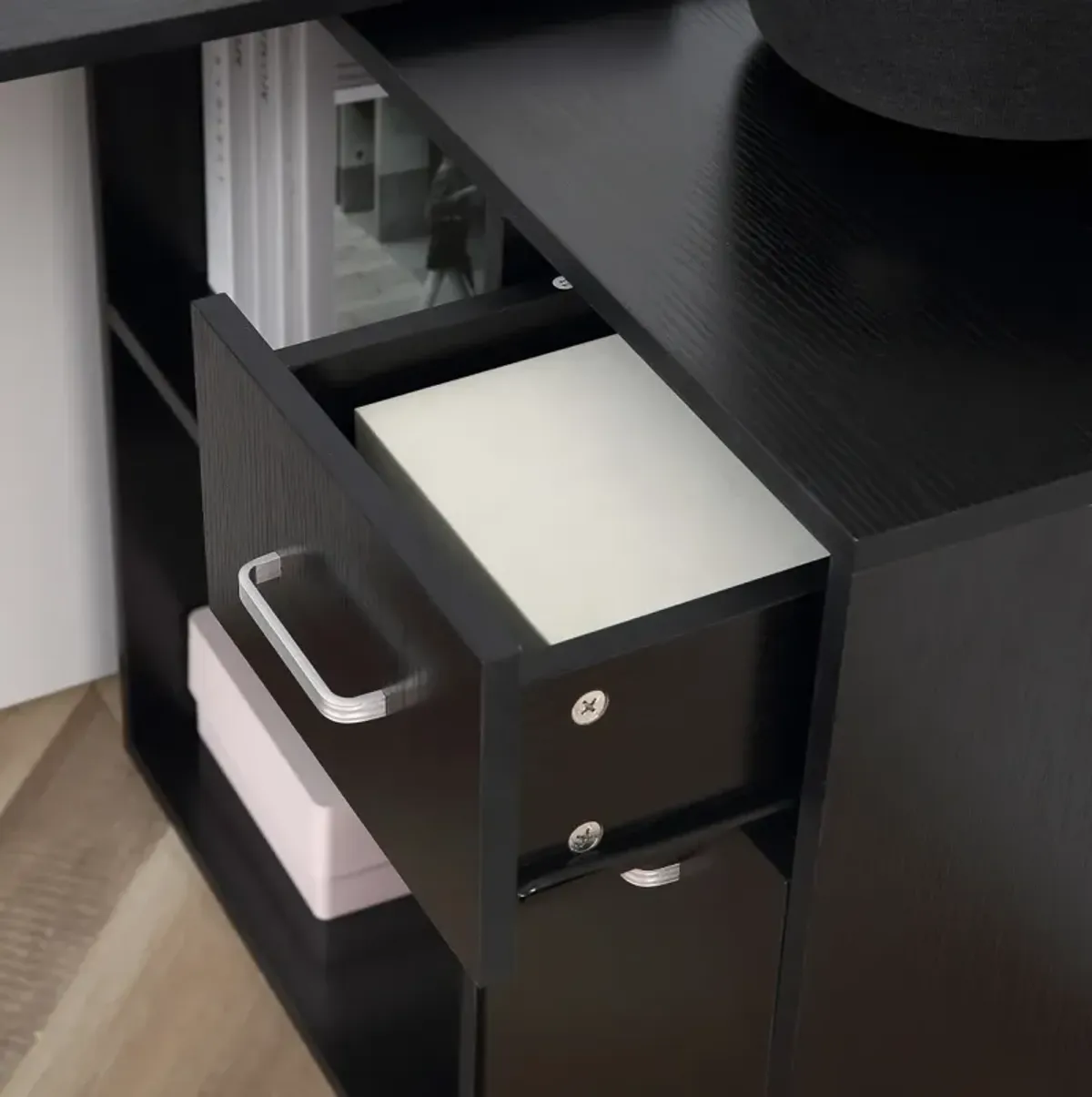 180 Rotating Corner Desk with Storage Shelves and Drawer, Black