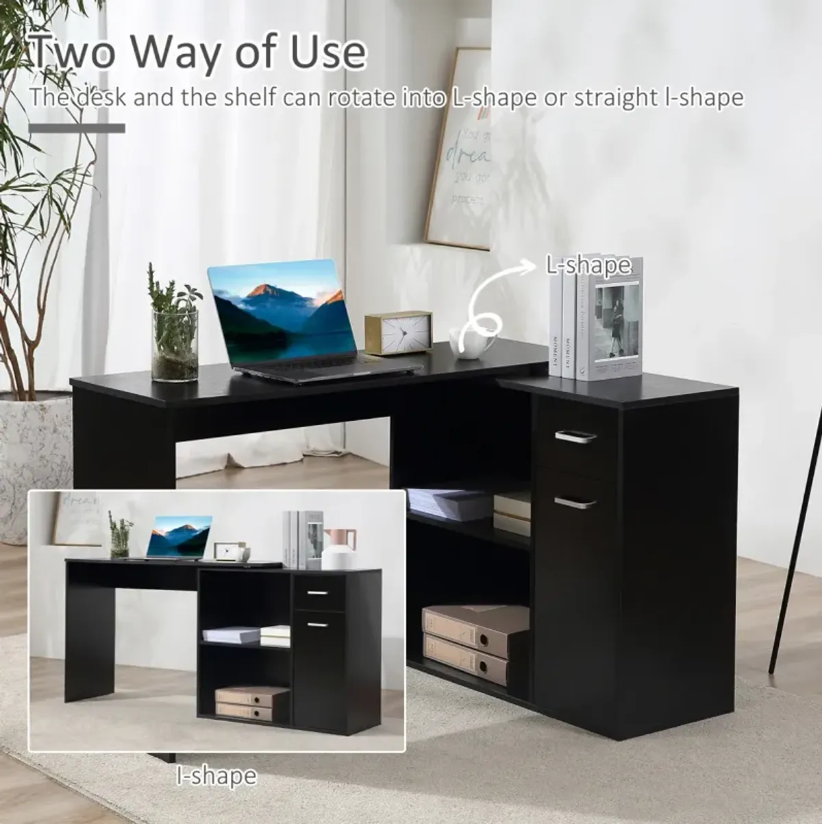 180 Rotating Corner Desk with Storage Shelves and Drawer, Black