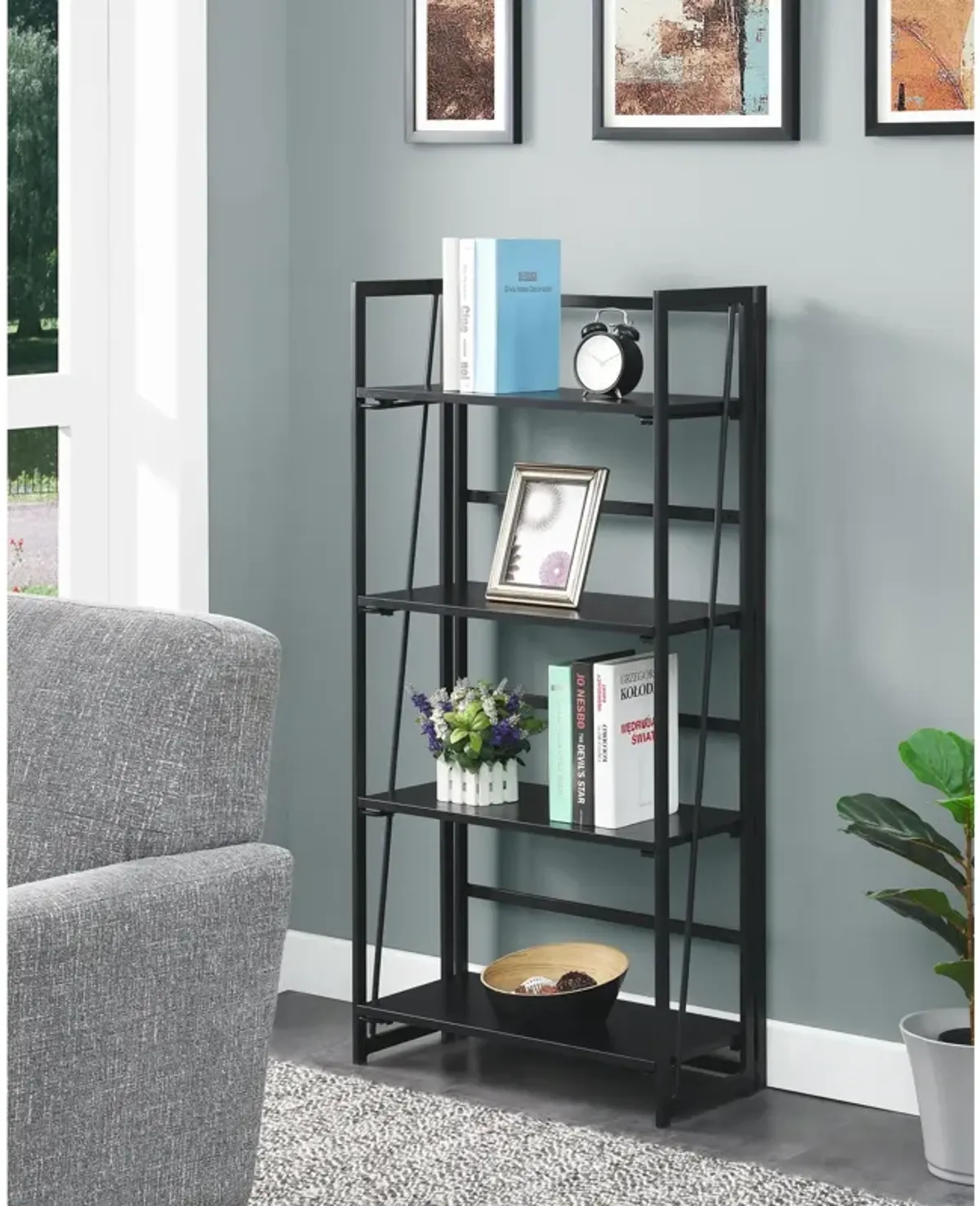 Convenience Concepts Xtra Folding 4-Tier Bookshelf, Black/Black