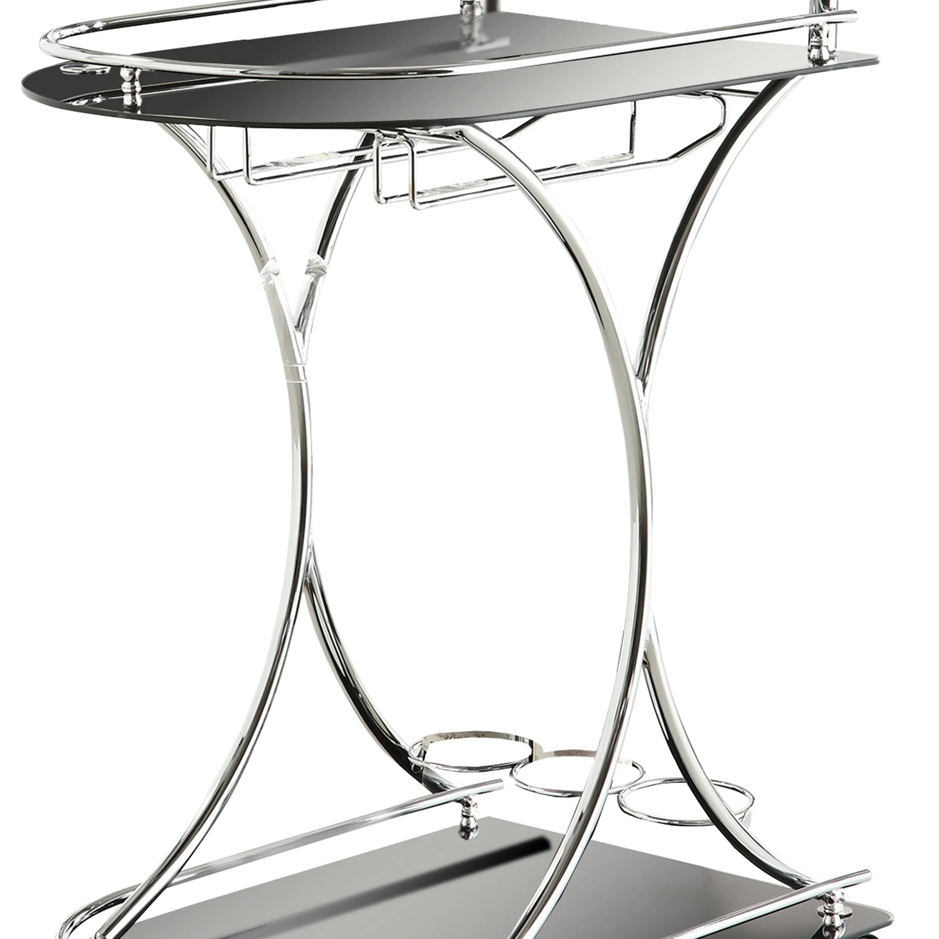 Dazzling Serving Cart With 2 Black Glass Shelves, Silver-Benzara