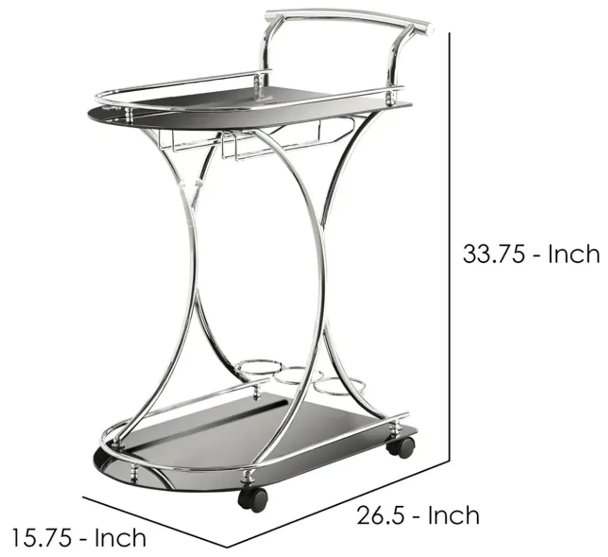 Dazzling Serving Cart With 2 Black Glass Shelves, Silver-Benzara