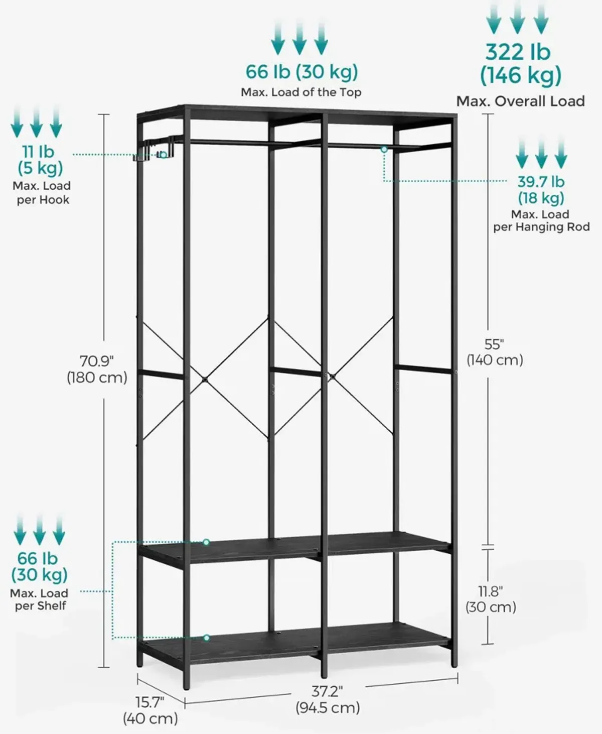 2-Column Clothes Rack with Hanging Rods for Organized Garment Storage