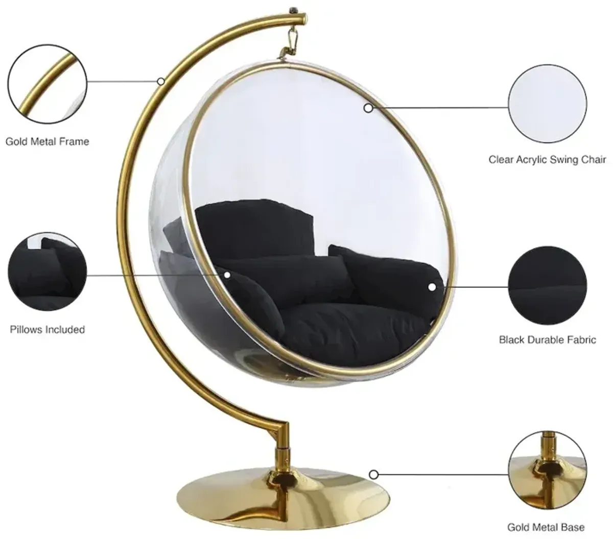 Meridian Furniture Luna Black Fabric Acrylic Swing Bubble Accent Chair