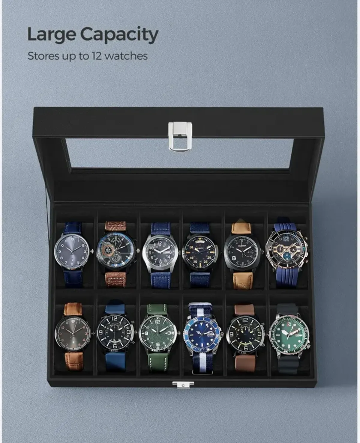 Men's 12-Slot Watch Case Glass Top, Lockable Organizer