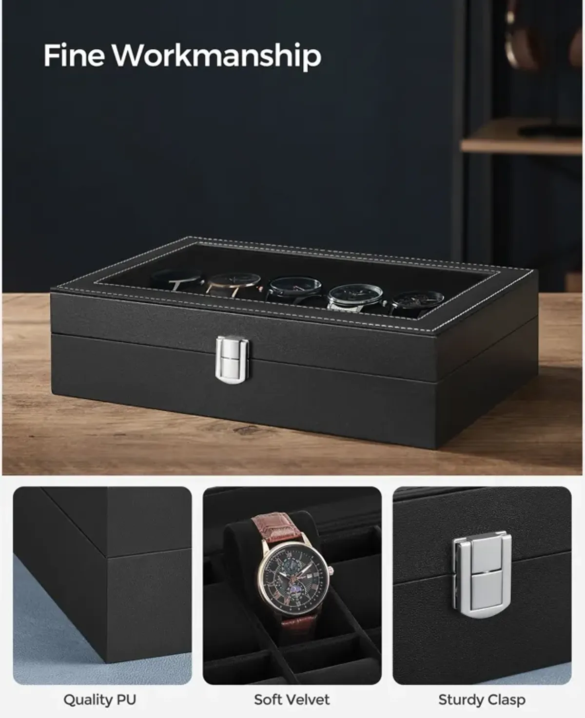 Men's 12-Slot Watch Case Glass Top, Lockable Organizer