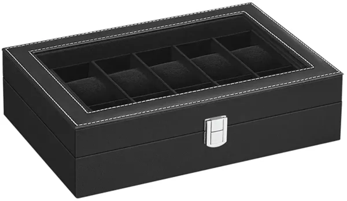 Men's 12-Slot Watch Case Glass Top, Lockable Organizer