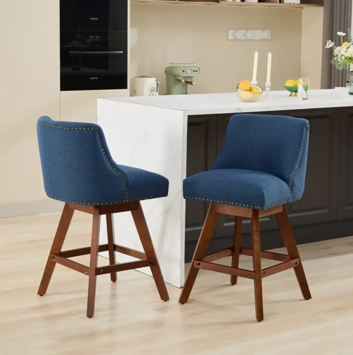 Streamdale Counter Height Swivel Barstools, 26" H Seat Height Upholstered Bar Stools Set of 2, Fabric in Blue