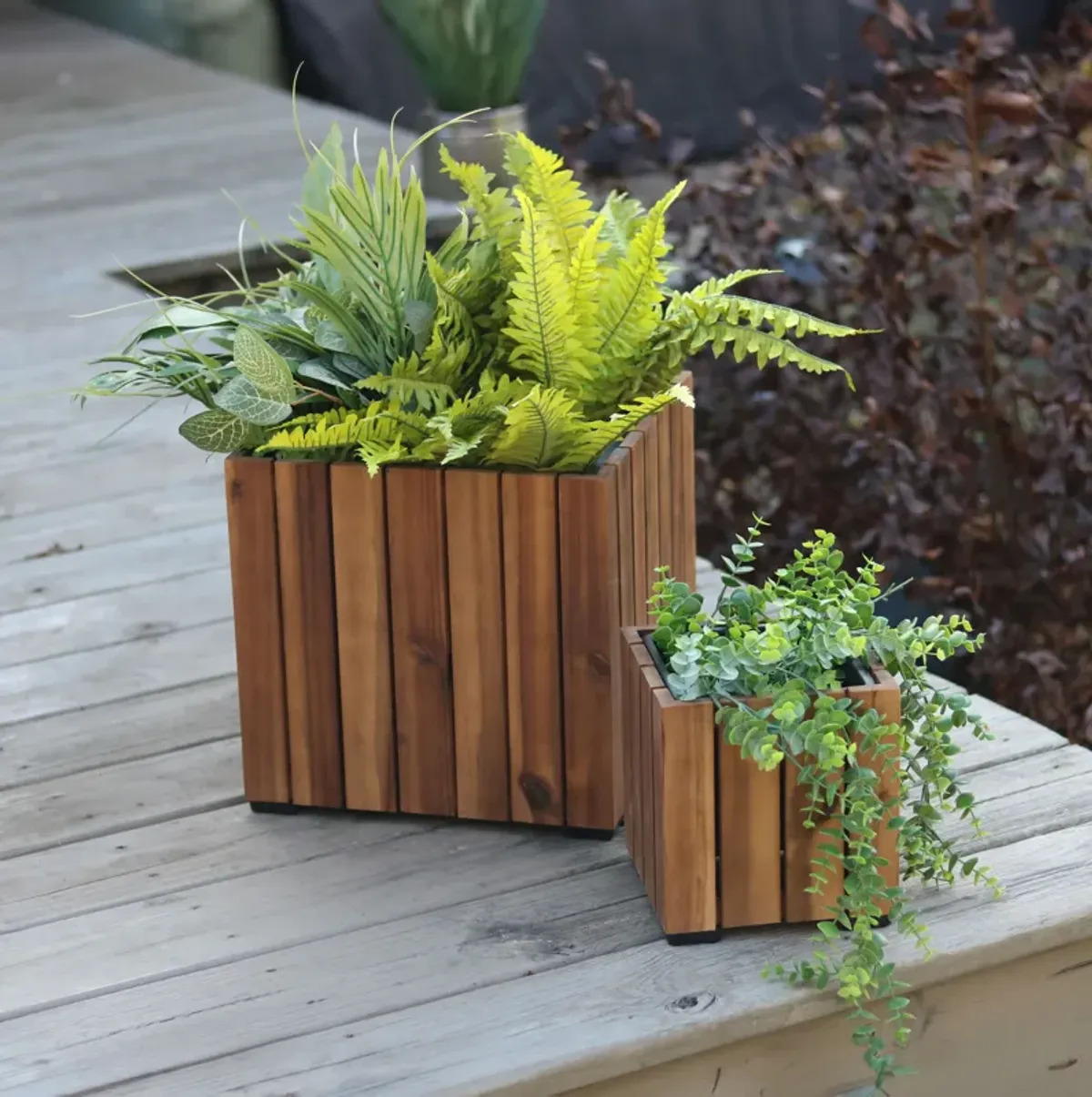 Sunnydaze 2-Piece Acacia Square Planter Boxes with Liners