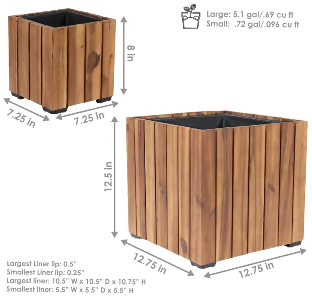 Sunnydaze 2-Piece Acacia Square Planter Boxes with Liners