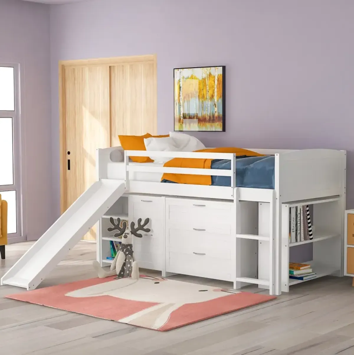 Low Twin Size Loft Bed With Cabinets, Shelves And Slide