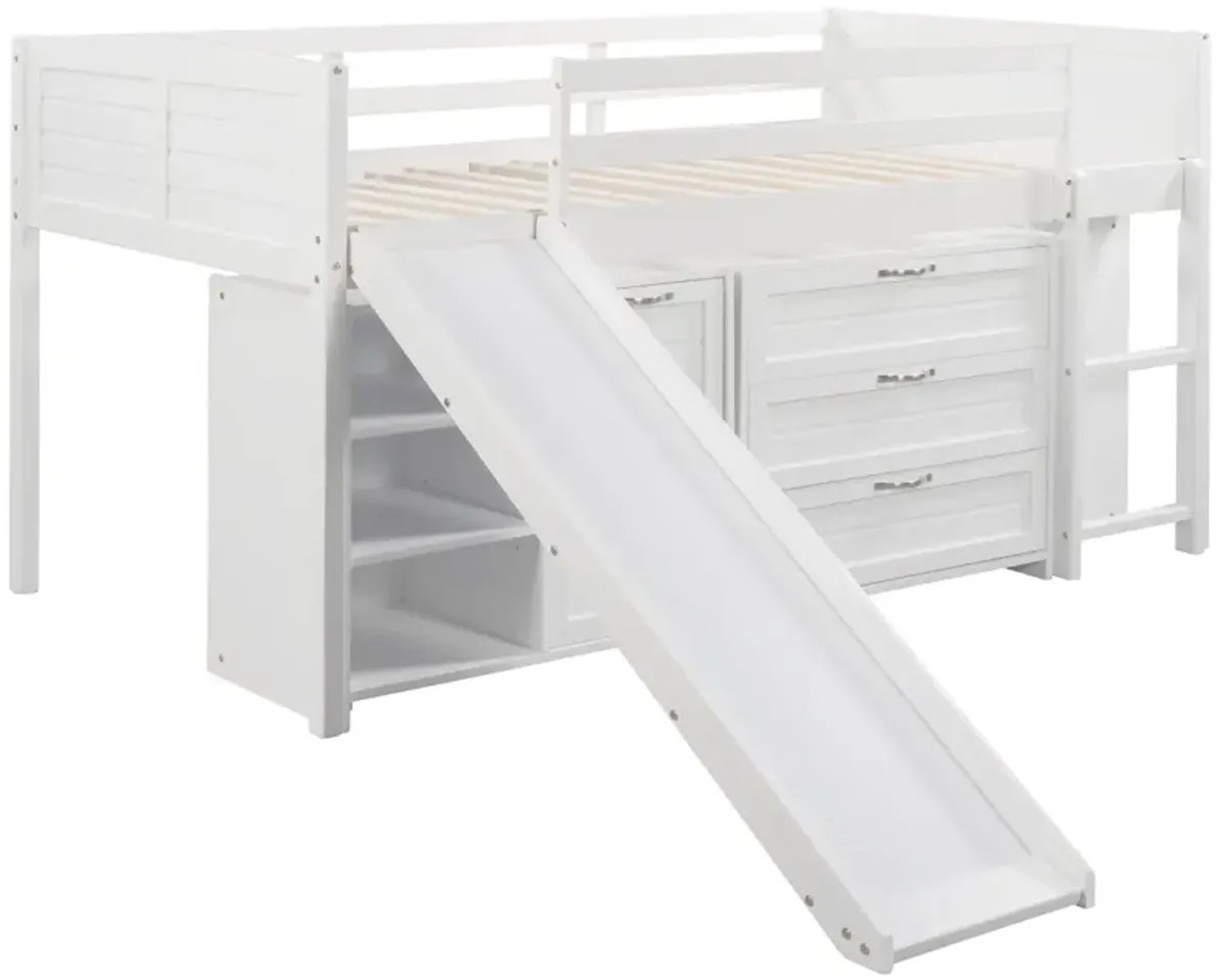 Low Twin Size Loft Bed With Cabinets, Shelves And Slide