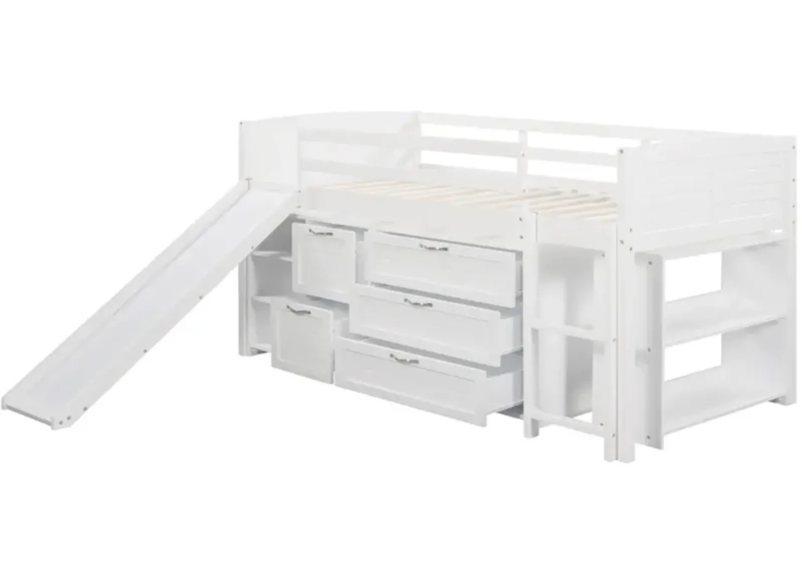 Low Twin Size Loft Bed With Cabinets, Shelves And Slide