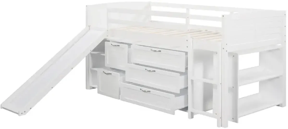 Low Twin Size Loft Bed With Cabinets, Shelves And Slide