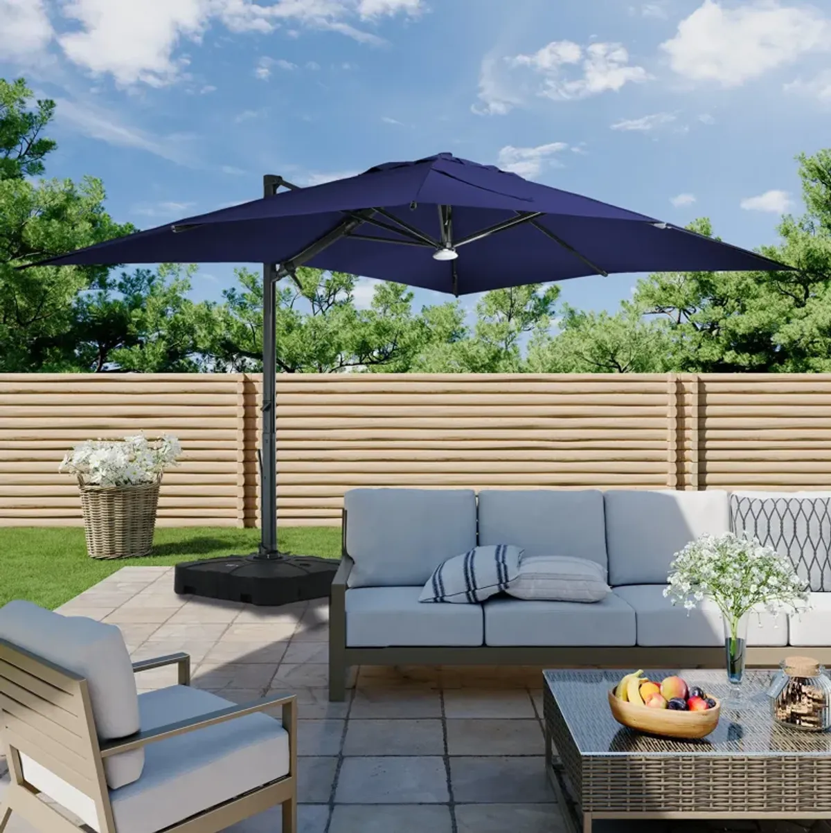 10x13 ft. 360° Rotation Cantilever Patio Umbrella with BaseandBT in Navy Blue