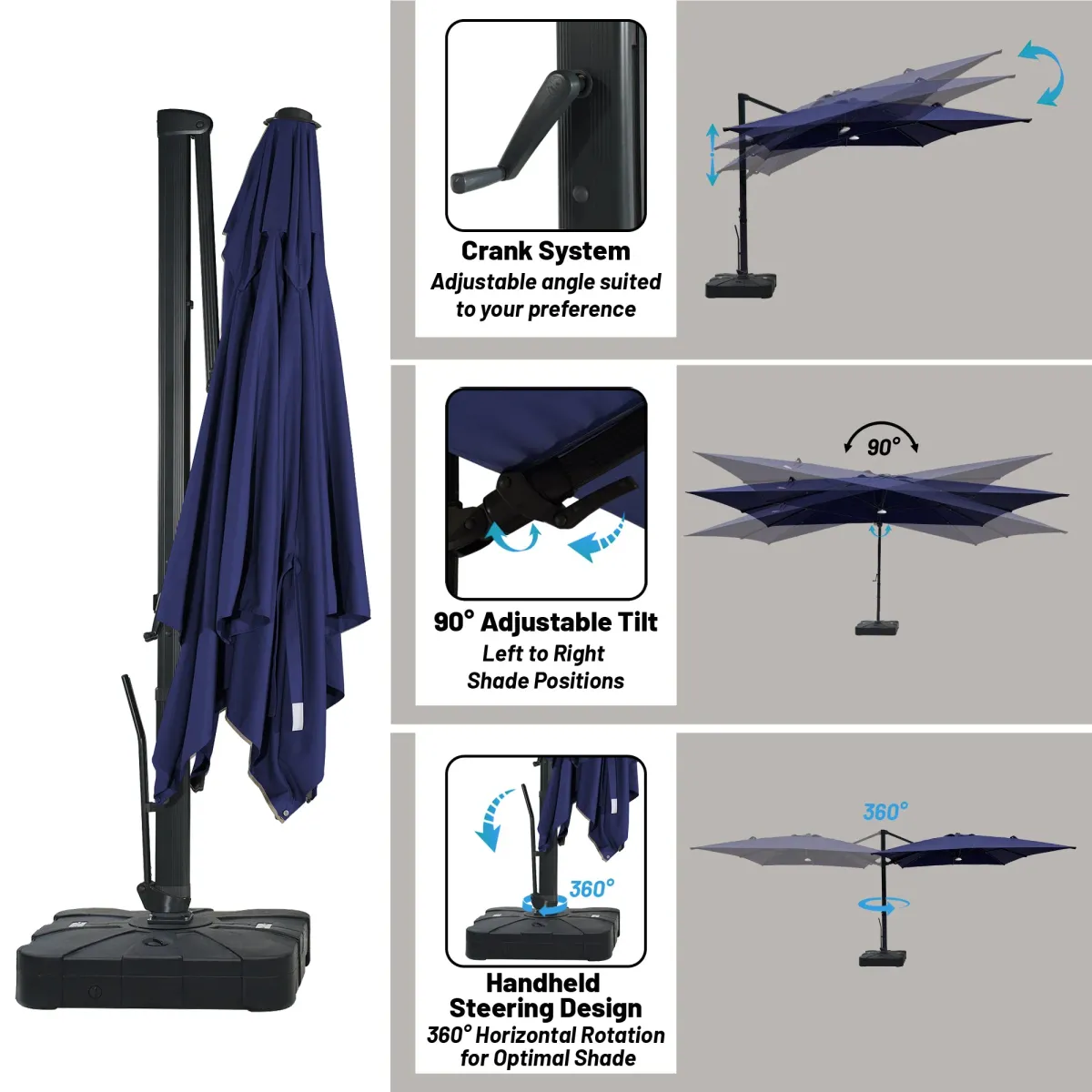 10x13 ft. 360° Rotation Cantilever Patio Umbrella with BaseandBT in Navy Blue