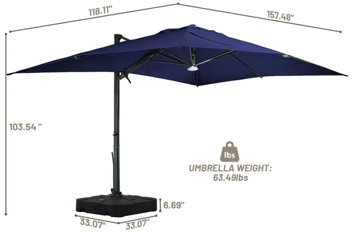 10x13 ft. 360° Rotation Cantilever Patio Umbrella with BaseandBT in Navy Blue