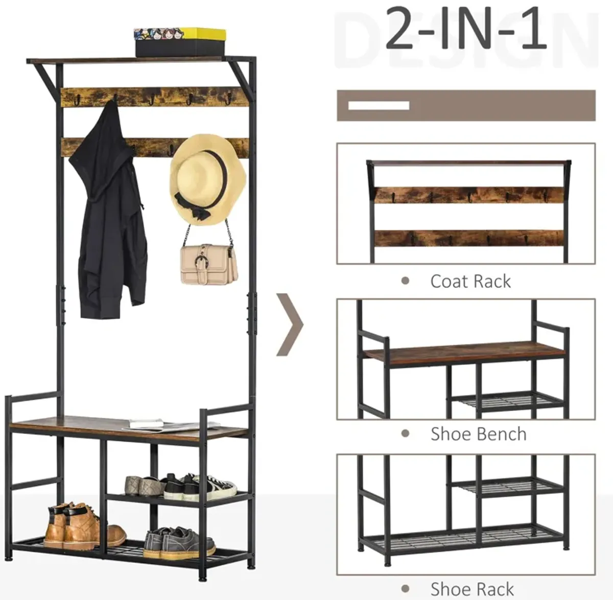 Brown/Black Organizer: Hallway Tree Bench with Hooks and Shelves