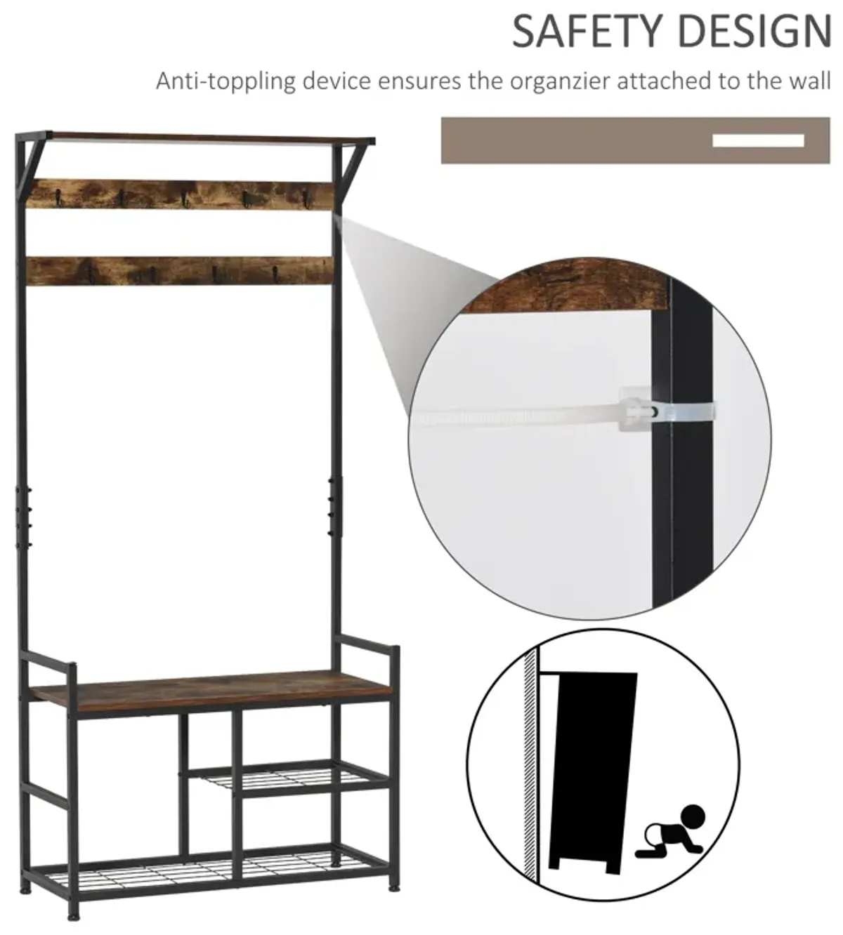 Brown/Black Organizer: Hallway Tree Bench with Hooks and Shelves